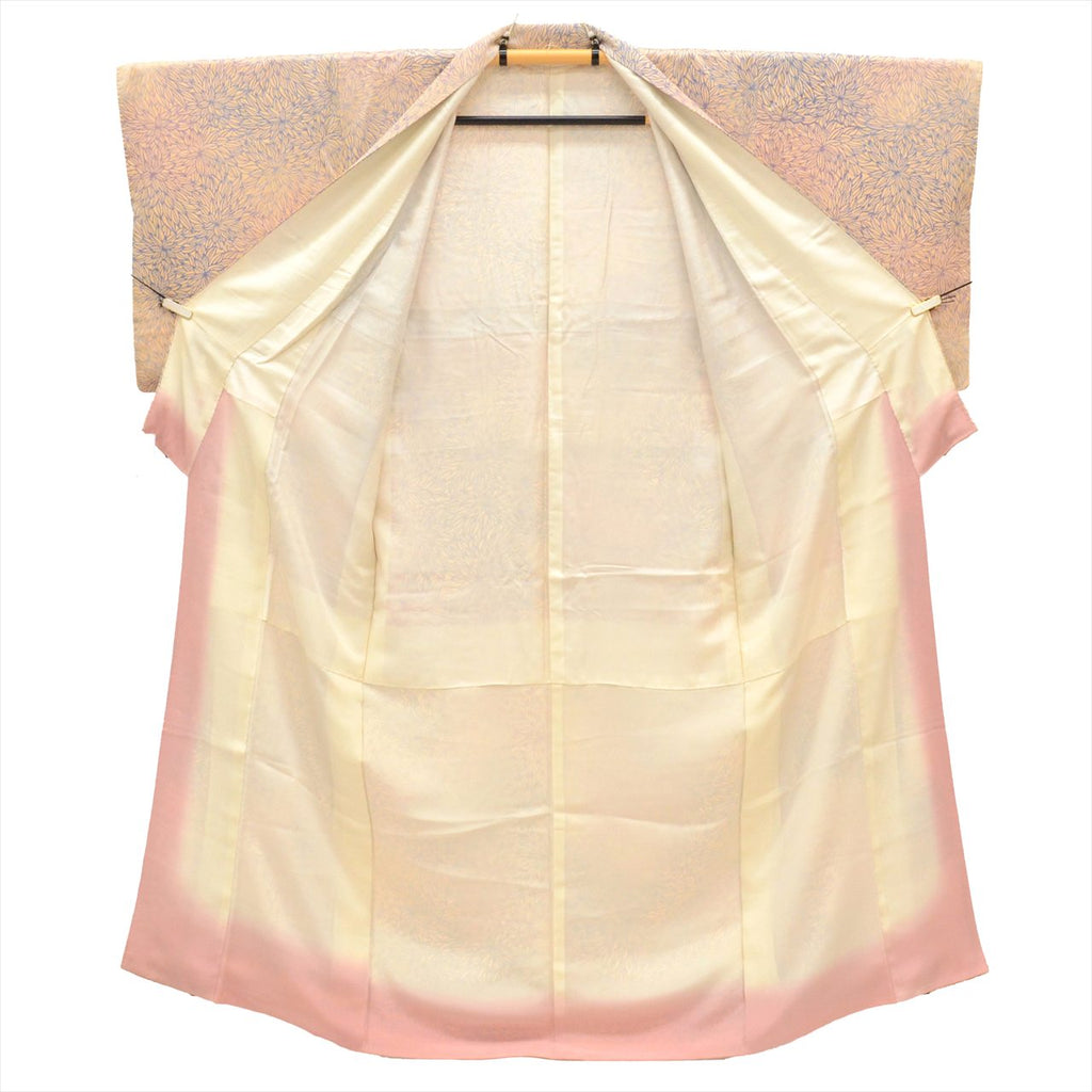 [Used] Komon (small patterned) recycled kimono, pure silk, lined, length 154.2cm (60.7in), size S, sleeve length 64.5cm (25.4in), orange color, floral pattern, stencil dyeing, high quality, semi-formal, spring, summer, autumn, winter, ready-made. 