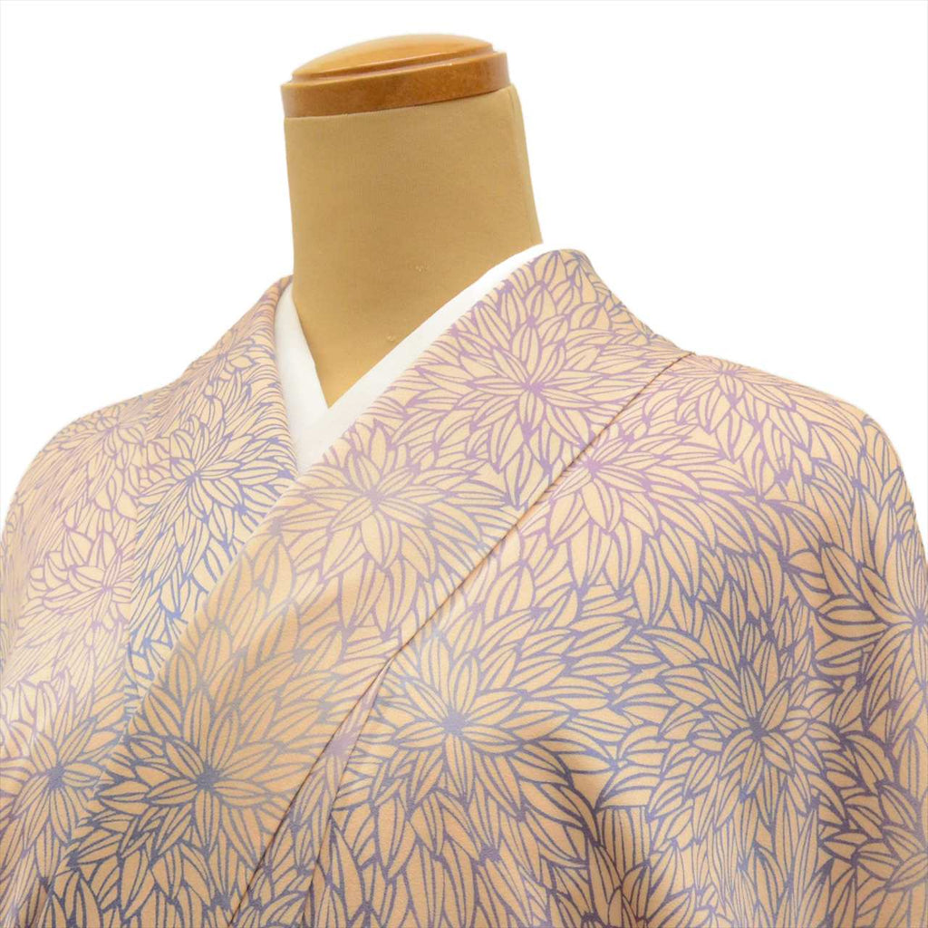 [Used] Komon (small patterned) recycled kimono, pure silk, lined, length 154.2cm (60.7in), size S, sleeve length 64.5cm (25.4in), orange color, floral pattern, stencil dyeing, high quality, semi-formal, spring, summer, autumn, winter, ready-made. 