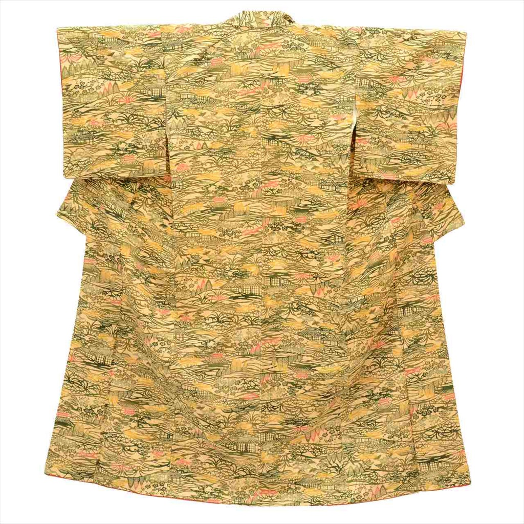Vintage Japanese Kimono | Tsumugi | Beige Silk | Landscape Pattern | Petite Size S | Sustainable | uu0088b