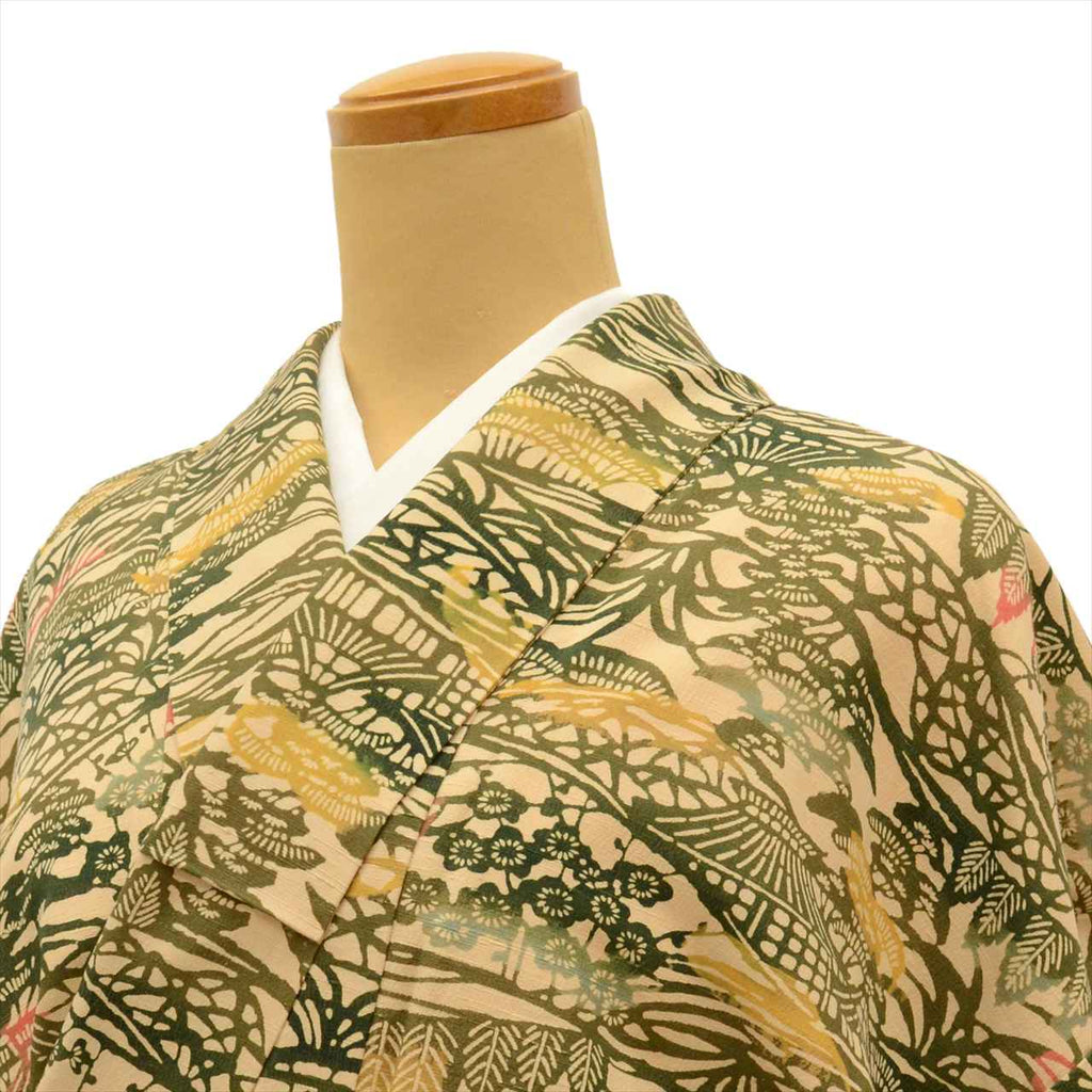 Vintage Japanese Kimono | Tsumugi | Beige Silk | Landscape Pattern | Petite Size S | Sustainable | uu0088b
