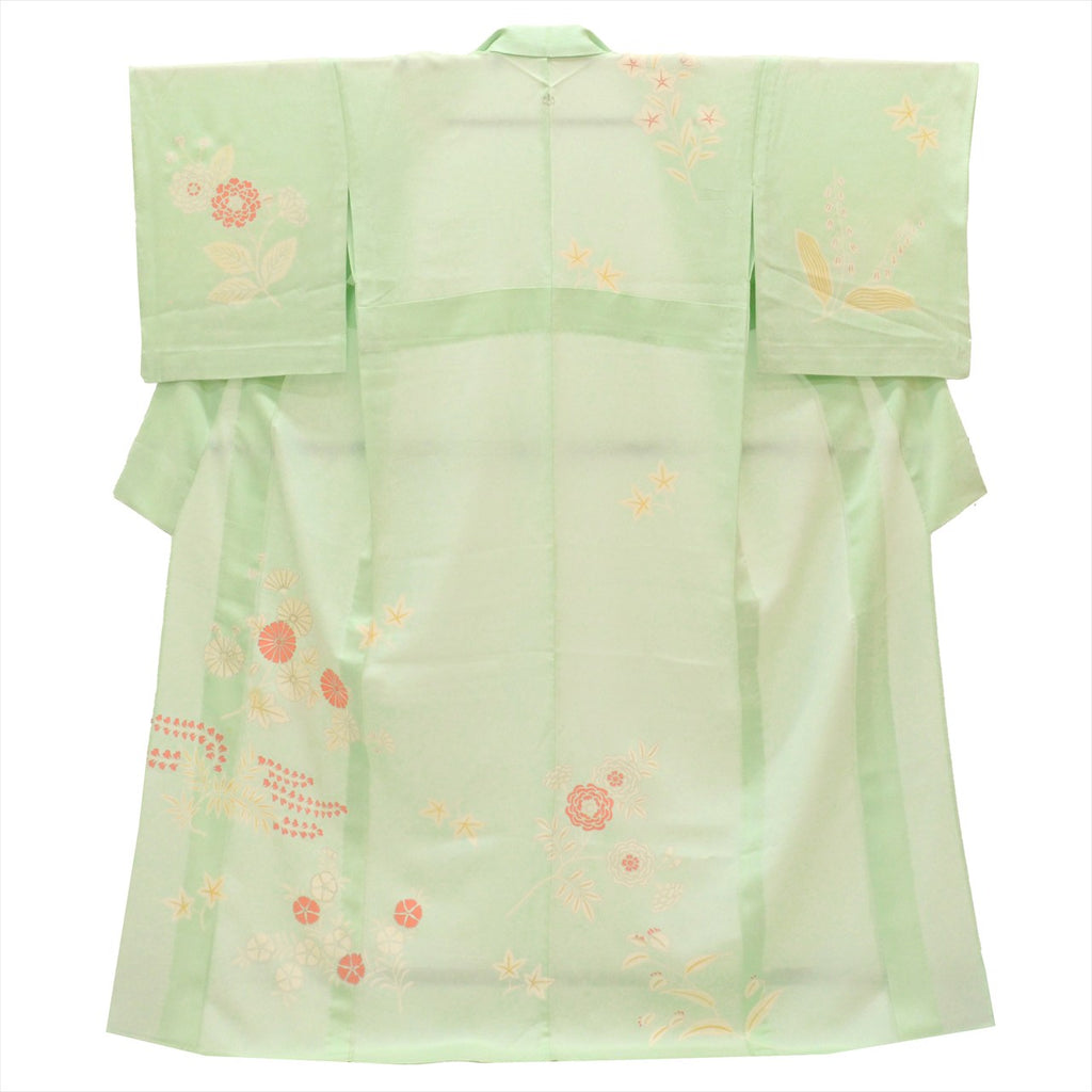 Vintage Japanese Kimono | Tsukesage-Houmongi | Green Silk | Floral | One Crest | Silver Embroidery | Unlined | Sustainable | uu0094b