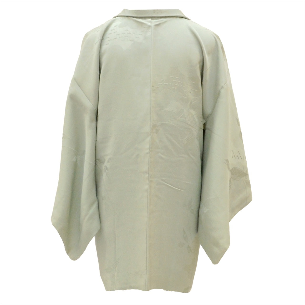 Haori (short kimono jacket), pure silk, length 78.5cm (30.9in), sleeve length 64.2cm (25.3in), ready-made, recycled kimono, green with botanical pattern, includes haori cord. uu0115b 