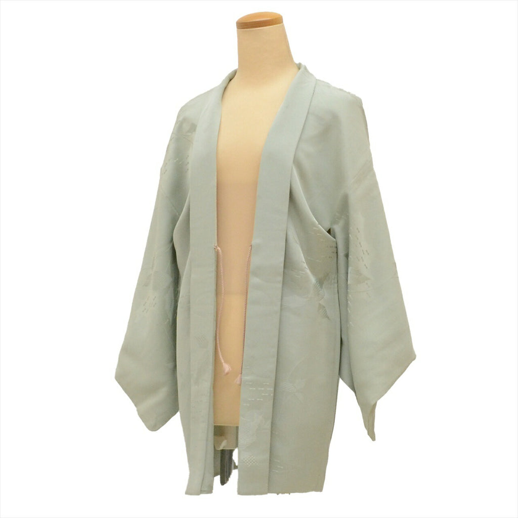Haori (short kimono jacket), pure silk, length 78.5cm (30.9in), sleeve length 64.2cm (25.3in), ready-made, recycled kimono, green with botanical pattern, includes haori cord. uu0115b 