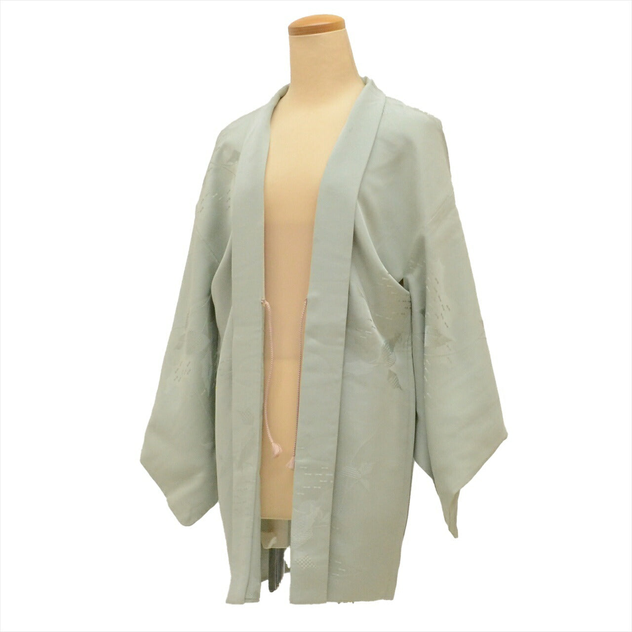 Haori (short kimono jacket), pure silk, length 78.5cm (30.9in), sleeve length 64.2cm (25.3in), ready-made, recycled kimono, green with botanical pattern, includes haori cord. uu0115b 