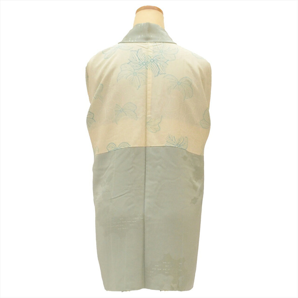 Haori (short kimono jacket), pure silk, length 78.5cm (30.9in), sleeve length 64.2cm (25.3in), ready-made, recycled kimono, green with botanical pattern, includes haori cord. uu0115b 
