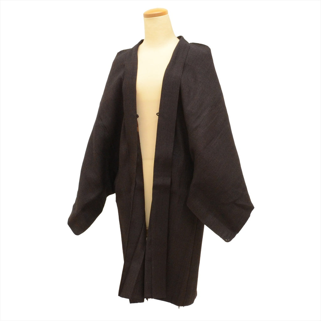 Long Haori (short kimono jacket), pure silk, Tsumugi fabric, length 95.0cm (37.4in), sleeve length 65.3cm (25.7in), men's, brown striped pattern, recycled kimono, uu0131b 