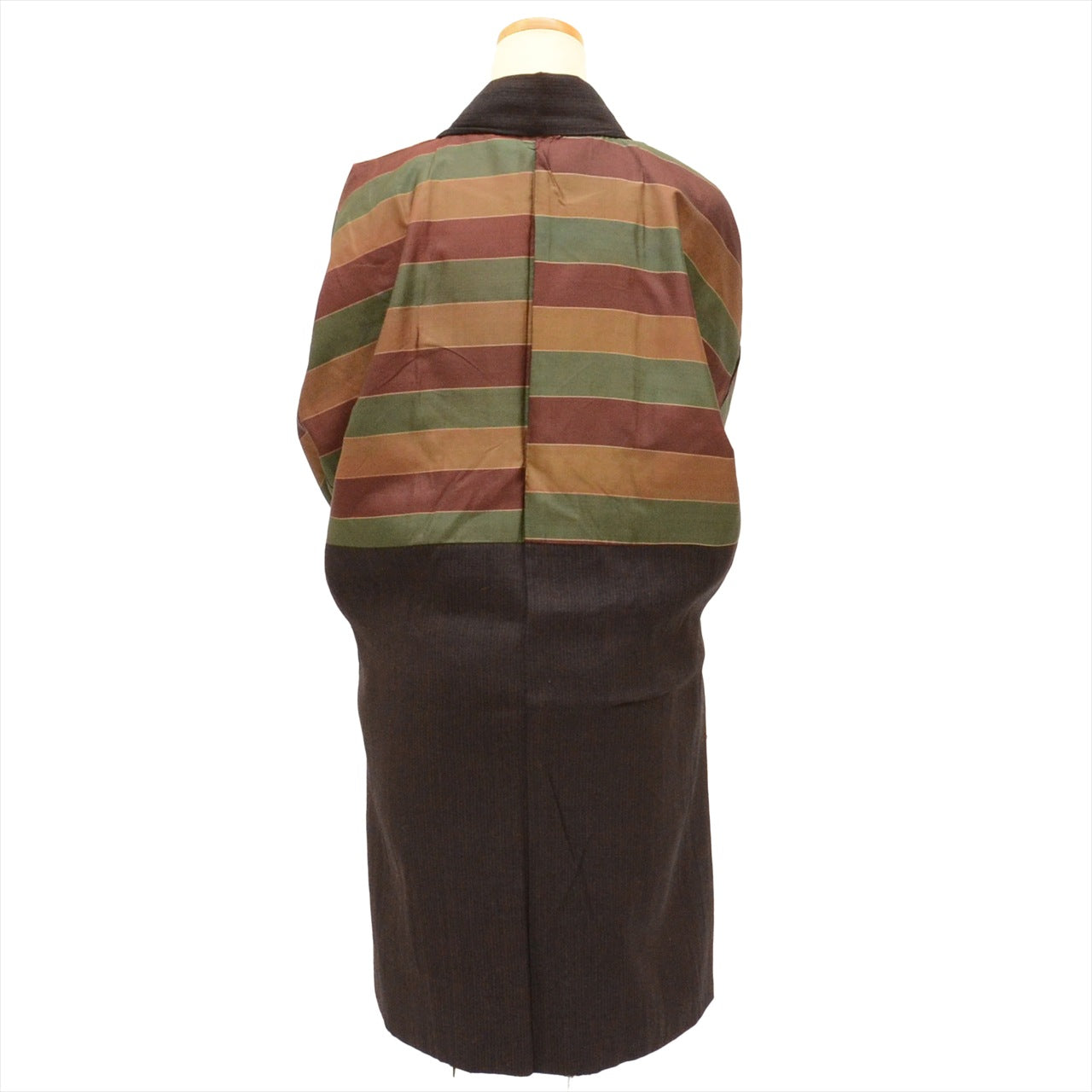 Long Haori (short kimono jacket), pure silk, Tsumugi fabric, length 95.0cm (37.4in), sleeve length 65.3cm (25.7in), men's, brown striped pattern, recycled kimono, uu0131b 