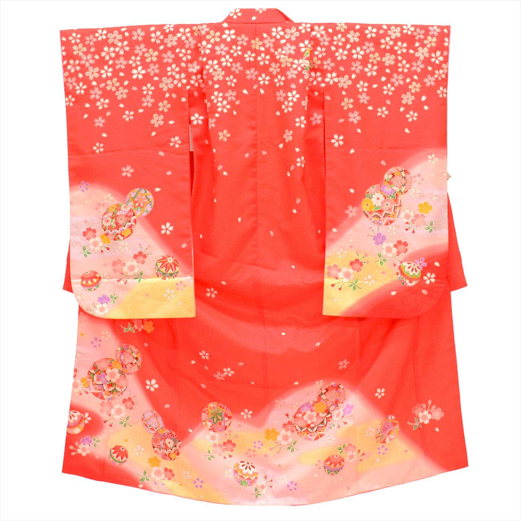 [Used] Girl's 7-year-old Shichi-Go-San Kimono, Synthetic Fiber, with Layered Collar, Ready-made, Length 132.0cm (52.0in), Sleeve Length 50.0cm (19.7in), Red with Floral and Ball Pattern, Celebration Wear, Traditional Japanese Pattern uu0162b 
