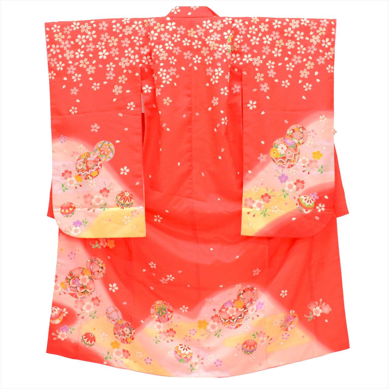 [Used] Girl's 7-year-old Shichi-Go-San Kimono, Synthetic Fiber, with Layered Collar, Ready-made, Length 132.0cm (52.0in), Sleeve Length 50.0cm (19.7in), Red with Floral and Ball Pattern, Celebration Wear, Traditional Japanese Pattern uu0162b 