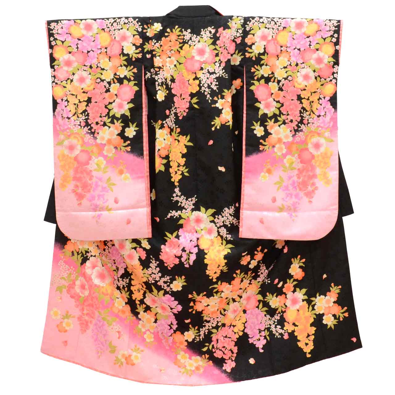 [Used] Girl's 7-year-old Shichi-Go-San Kimono, Synthetic Fiber, with Layered Collar, Ready-made, Length 133.0cm (52.4in), Sleeve Length 50.0cm (19.7in), Black with Floral Pattern, Celebration Wear, Japanese Pattern uu0166b 