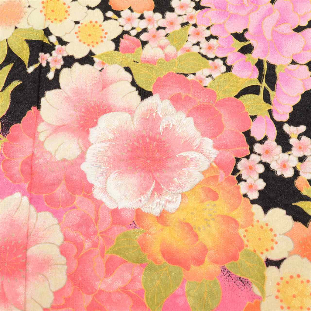 [Used] Girl's 7-year-old Shichi-Go-San Kimono, Synthetic Fiber, with Layered Collar, Ready-made, Length 133.0cm (52.4in), Sleeve Length 50.0cm (19.7in), Black with Floral Pattern, Celebration Wear, Japanese Pattern uu0166b 