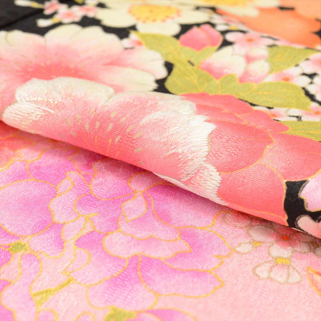 [Used] Girl's 7-year-old Shichi-Go-San Kimono, Synthetic Fiber, with Layered Collar, Ready-made, Length 133.0cm (52.4in), Sleeve Length 50.0cm (19.7in), Black with Floral Pattern, Celebration Wear, Japanese Pattern uu0166b 