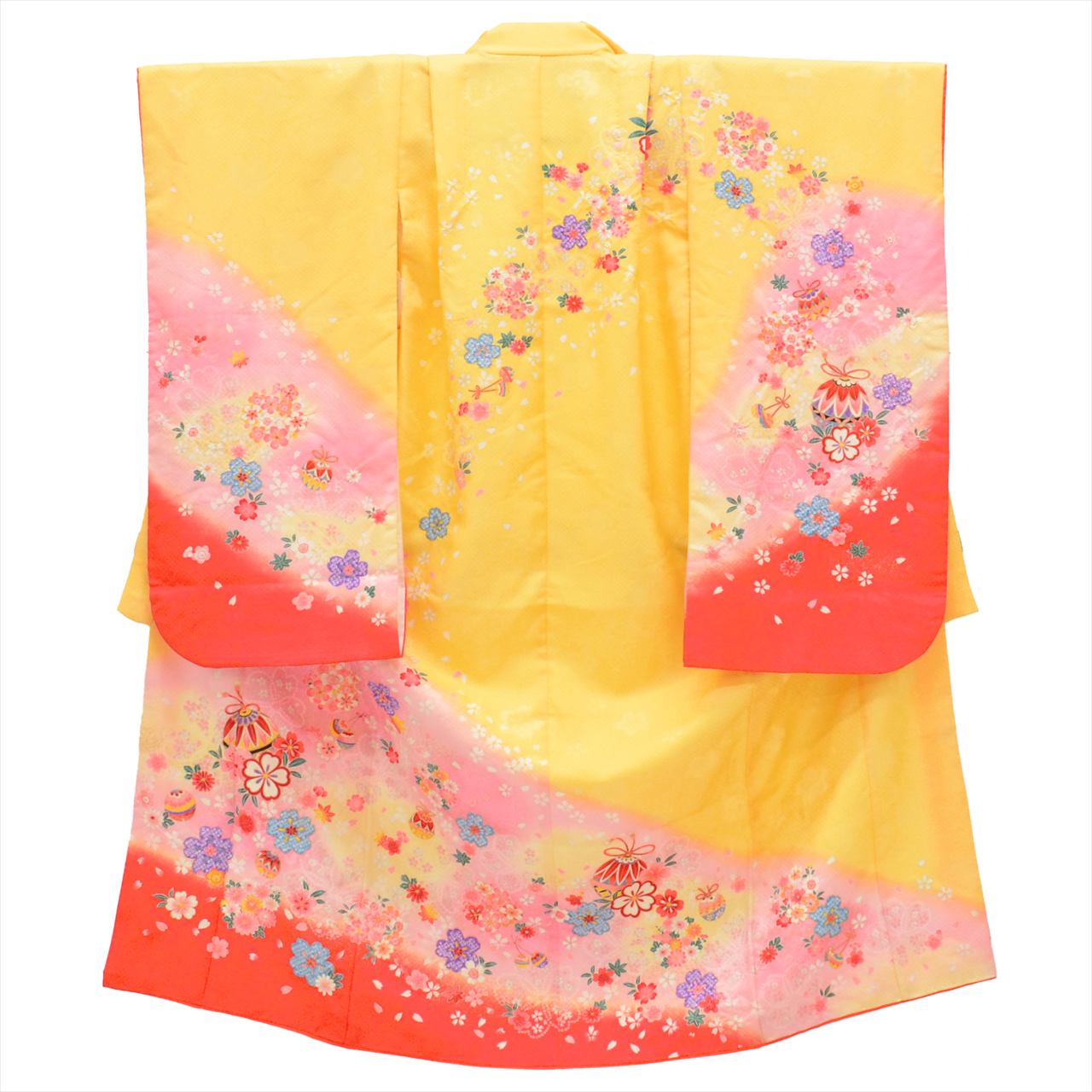 [Used] Girl's 7-year-old Shichi-Go-San Kimono, Synthetic Fiber, with Layered Collar, Ready-made, Length 132.0cm (52.0in), Sleeve Length 49.8cm (19.6in), Yellow with Floral and Bell Pattern, Celebration Wear, Traditional Japanese Pattern uu0168b 