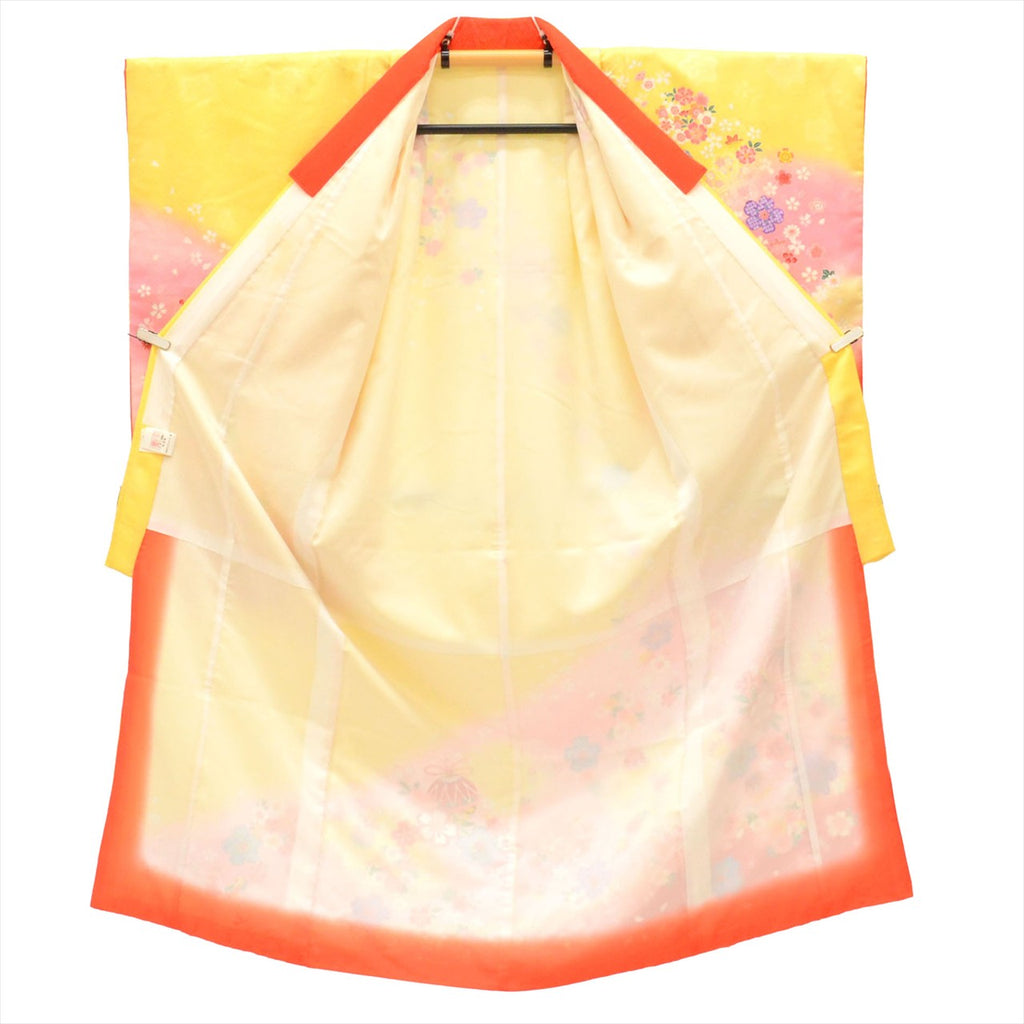 [Used] Girl's 7-year-old Shichi-Go-San Kimono, Synthetic Fiber, with Layered Collar, Ready-made, Length 132.0cm (52.0in), Sleeve Length 49.8cm (19.6in), Yellow with Floral and Bell Pattern, Celebration Wear, Traditional Japanese Pattern uu0168b 