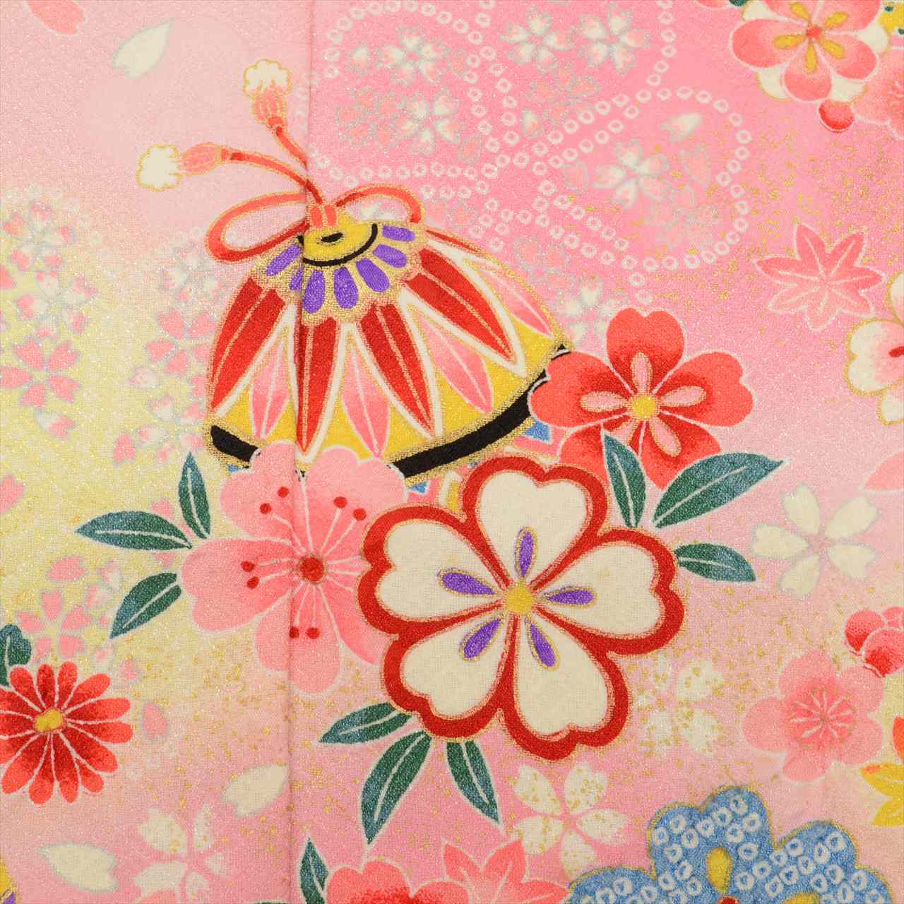 [Used] Girl's 7-year-old Shichi-Go-San Kimono, Synthetic Fiber, with Layered Collar, Ready-made, Length 132.0cm (52.0in), Sleeve Length 49.8cm (19.6in), Yellow with Floral and Bell Pattern, Celebration Wear, Traditional Japanese Pattern uu0168b 