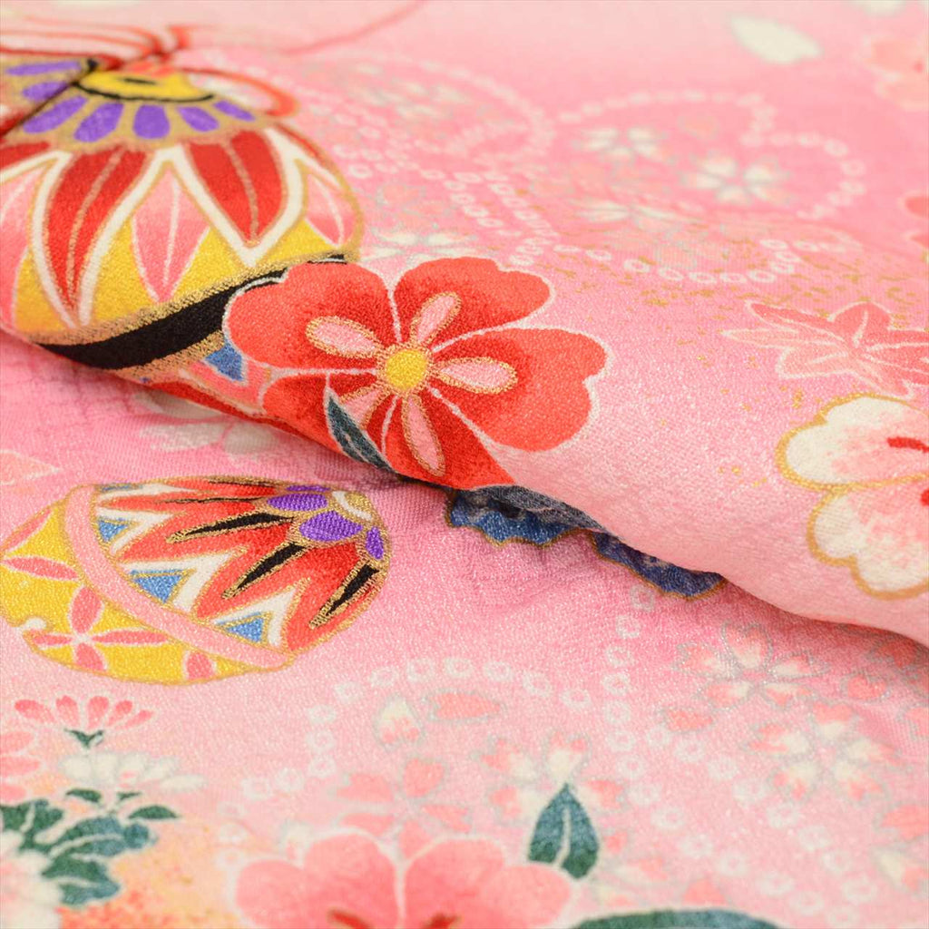 [Used] Girl's 7-year-old Shichi-Go-San Kimono, Synthetic Fiber, with Layered Collar, Ready-made, Length 132.0cm (52.0in), Sleeve Length 49.8cm (19.6in), Yellow with Floral and Bell Pattern, Celebration Wear, Traditional Japanese Pattern uu0168b 