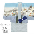 【中古】 七五三 男の子 5歳 2点セット 化繊 着物 羽織 美品 仕立て上がり 身丈82.5cm 裄丈45cm グレー色系 鷹文様 和柄 和装 uu0172b