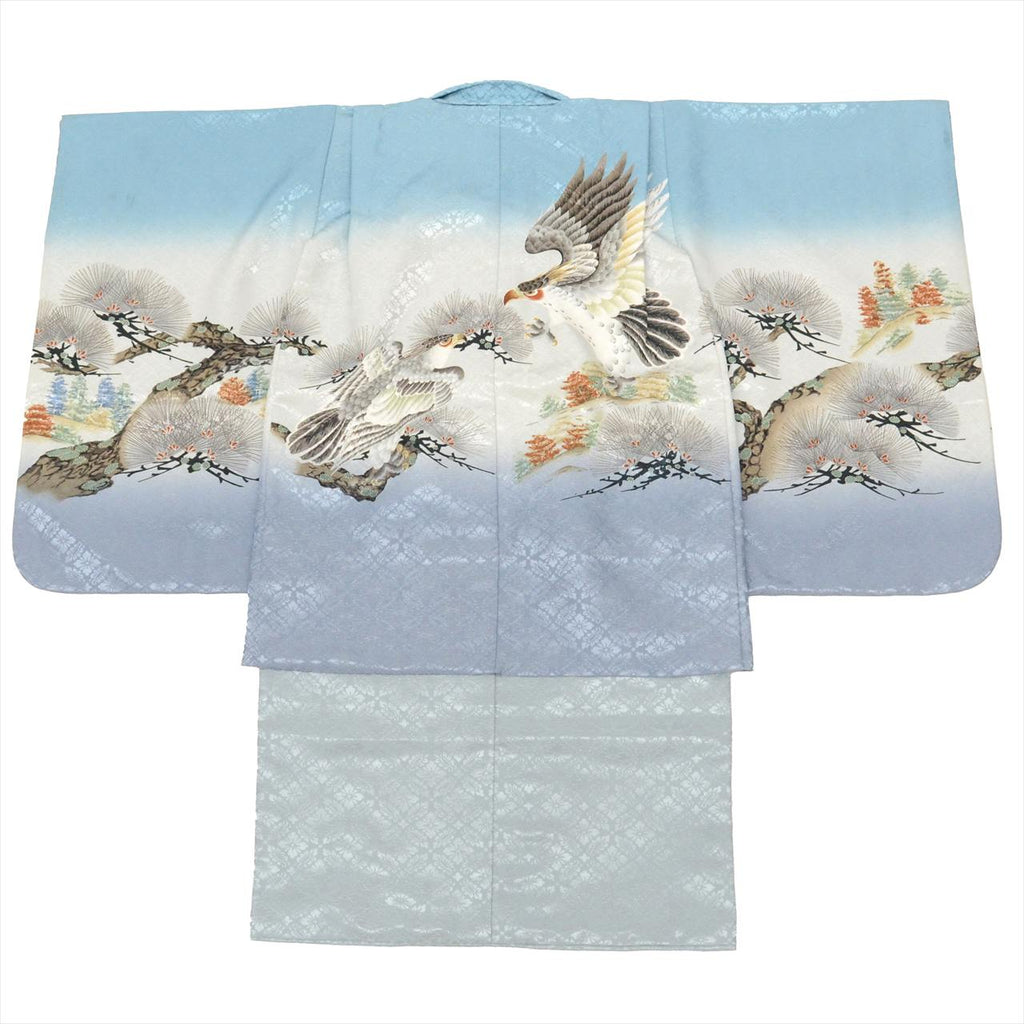 [Used] Boys' Shichi-Go-San (7-5-3) Ceremony Set (5 years old) - 2-piece set: Synthetic kimono and haori jacket. Excellent condition, ready-made. Length: 82.5cm, Sleeve length: 45cm. Gray color with hawk pattern. Traditional Japanese style. uu0172b 