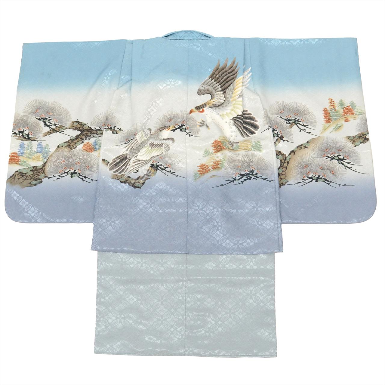 [Used] Boys' Shichi-Go-San (7-5-3) Ceremony Set (5 years old) - 2-piece set: Synthetic kimono and haori jacket. Excellent condition, ready-made. Length: 82.5cm, Sleeve length: 45cm. Gray color with hawk pattern. Traditional Japanese style. uu0172b 