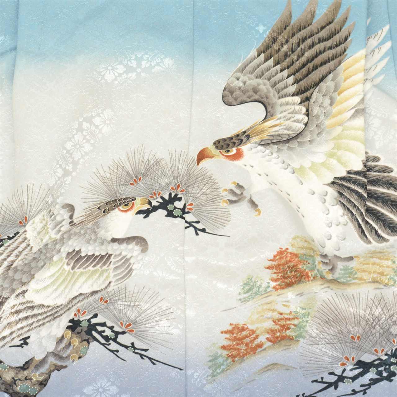 [Used] Boys' Shichi-Go-San (7-5-3) Ceremony Set (5 years old) - 2-piece set: Synthetic kimono and haori jacket. Excellent condition, ready-made. Length: 82.5cm, Sleeve length: 45cm. Gray color with hawk pattern. Traditional Japanese style. uu0172b 