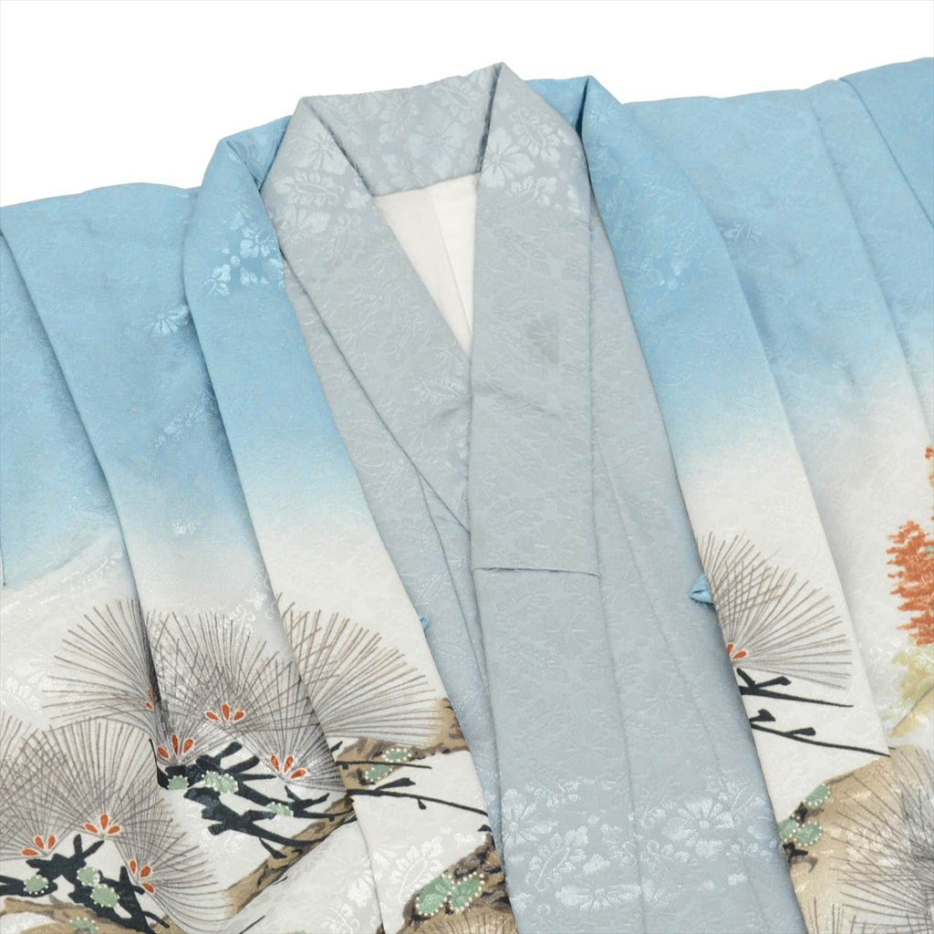 [Used] Boys' Shichi-Go-San (7-5-3) Ceremony Set (5 years old) - 2-piece set: Synthetic kimono and haori jacket. Excellent condition, ready-made. Length: 82.5cm, Sleeve length: 45cm. Gray color with hawk pattern. Traditional Japanese style. uu0172b 
