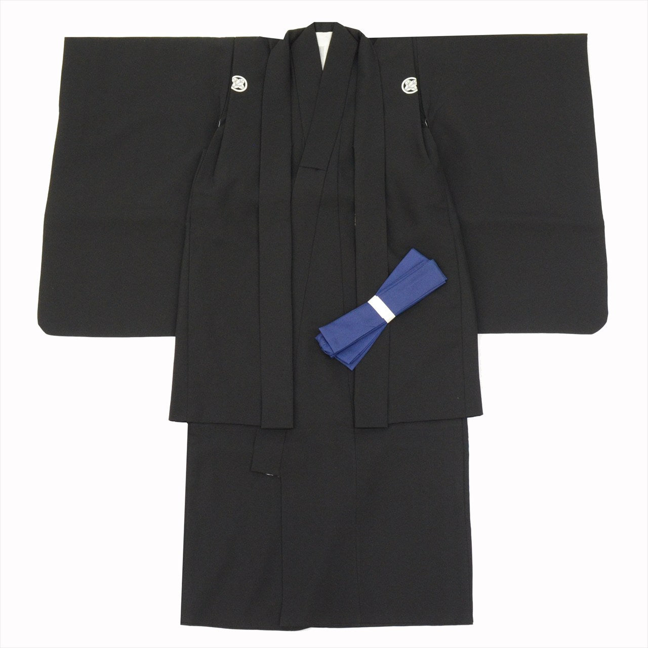[Used] Boys' Shichi-Go-San (7-5-3) Ceremony Set (5 years old) - Black Kimono and Haori Jacket - Excellent Condition - Ready-made - Recycled Kimono - Length 74cm, Sleeve Length 42.5cm - Black, Plain, Crested, Traditional Japanese Pattern - Used uu0174b 