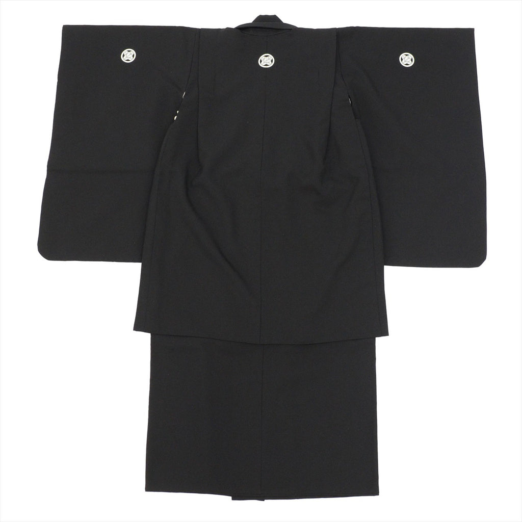 [Used] Boys' Shichi-Go-San (7-5-3) Ceremony Set (5 years old) - Black Kimono and Haori Jacket - Excellent Condition - Ready-made - Recycled Kimono - Length 74cm, Sleeve Length 42.5cm - Black, Plain, Crested, Traditional Japanese Pattern - Used uu0174b 
