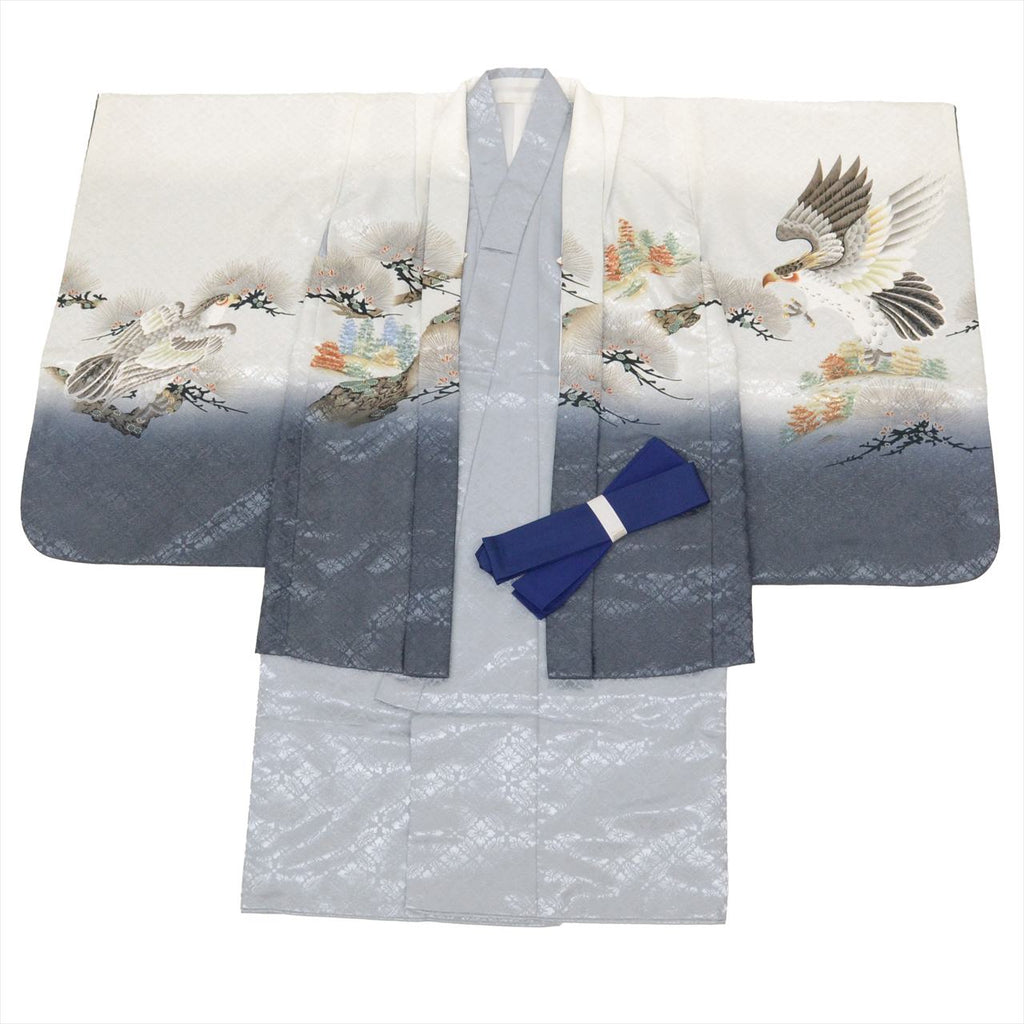 [Used] Boys' Shichi-Go-San (7-5-3) Ceremony Set (5 years old) - 2-piece set: Synthetic kimono and haori jacket. Excellent condition. Ready-made. Length: 89.5cm, Sleeve length: 49cm. Gray color with hawk pattern. Traditional Japanese style. uu0185b 