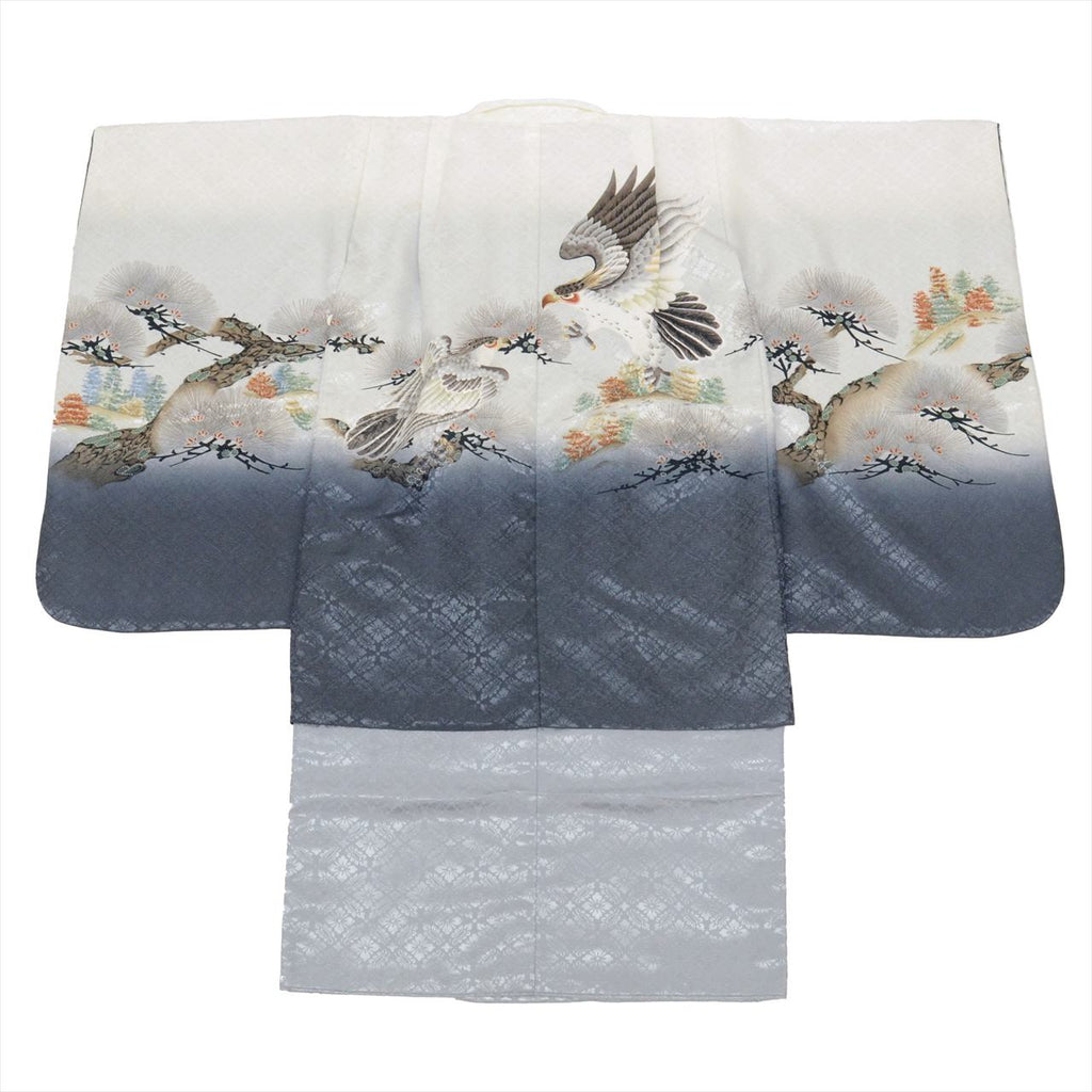 [Used] Boys' Shichi-Go-San (7-5-3) Ceremony Set (5 years old) - 2-piece set: Synthetic kimono and haori jacket. Excellent condition. Ready-made. Length: 89.5cm, Sleeve length: 49cm. Gray color with hawk pattern. Traditional Japanese style. uu0185b 