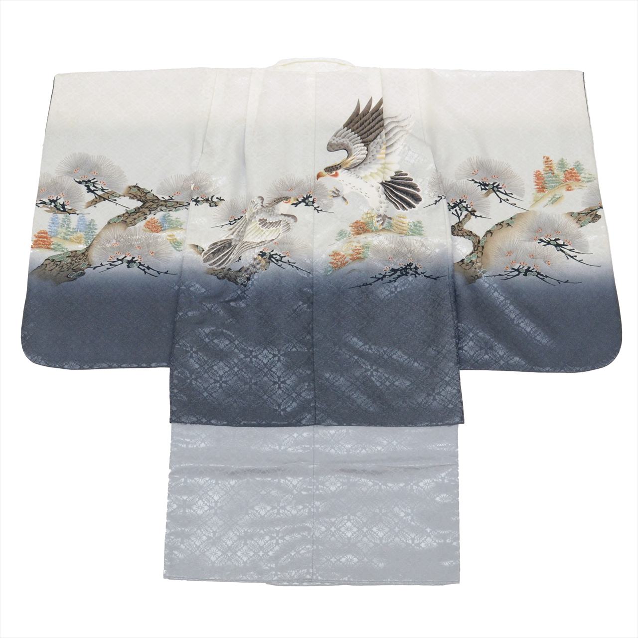 [Used] Boys' Shichi-Go-San (7-5-3) Ceremony Set (5 years old) - 2-piece set: Synthetic kimono and haori jacket. Excellent condition. Ready-made. Length: 89.5cm, Sleeve length: 49cm. Gray color with hawk pattern. Traditional Japanese style. uu0185b 