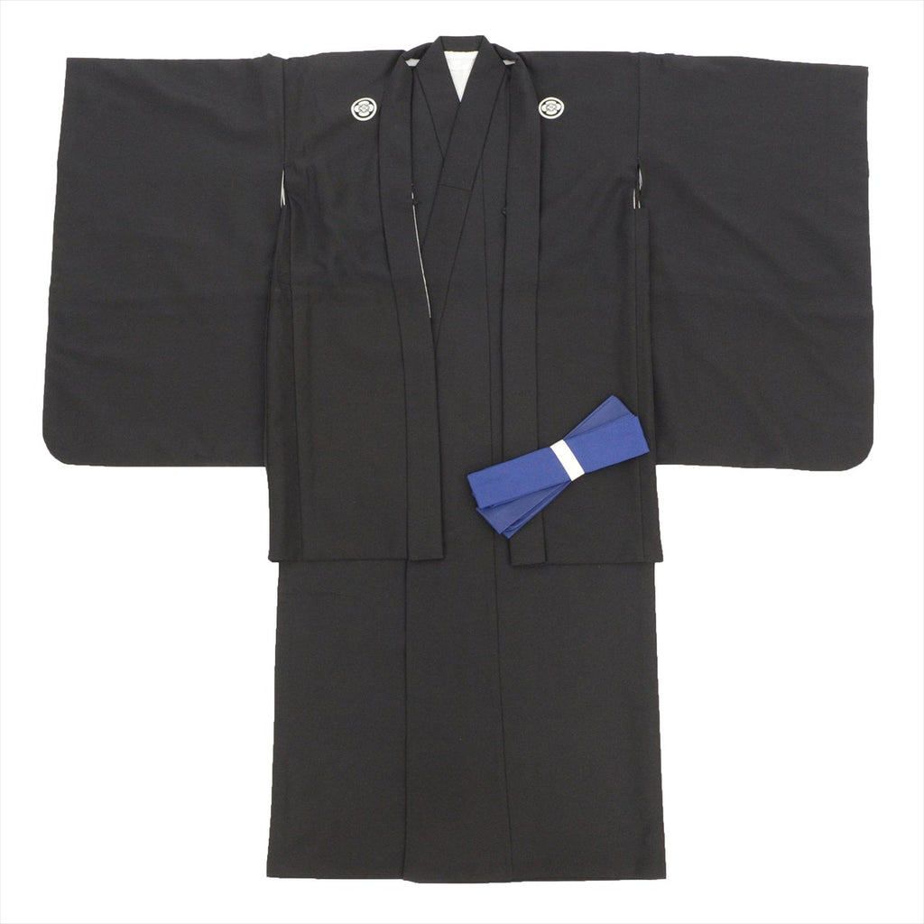 [Used] Boys' Shichi-Go-San (7-5-3) Ceremony Set (5 years old) - Black Kimono and Haori Jacket - Excellent Condition - Ready-made - Length 74.0cm (29.1in), Sleeve Length 43.5cm (17.1in) - Black, Plain, Crested, Traditional Japanese Clothing - Used uu0188b 