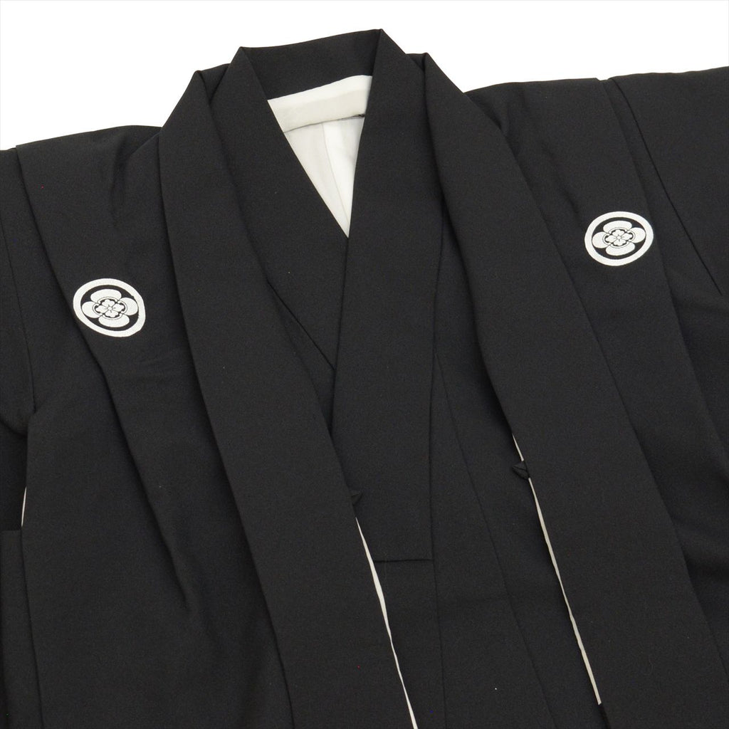 [Used] Boys' Shichi-Go-San (7-5-3) Ceremony Set (5 years old) - Black Kimono and Haori Jacket - Excellent Condition - Ready-made - Length 74.0cm (29.1in), Sleeve Length 43.5cm (17.1in) - Black, Plain, Crested, Traditional Japanese Clothing - Used uu0188b 