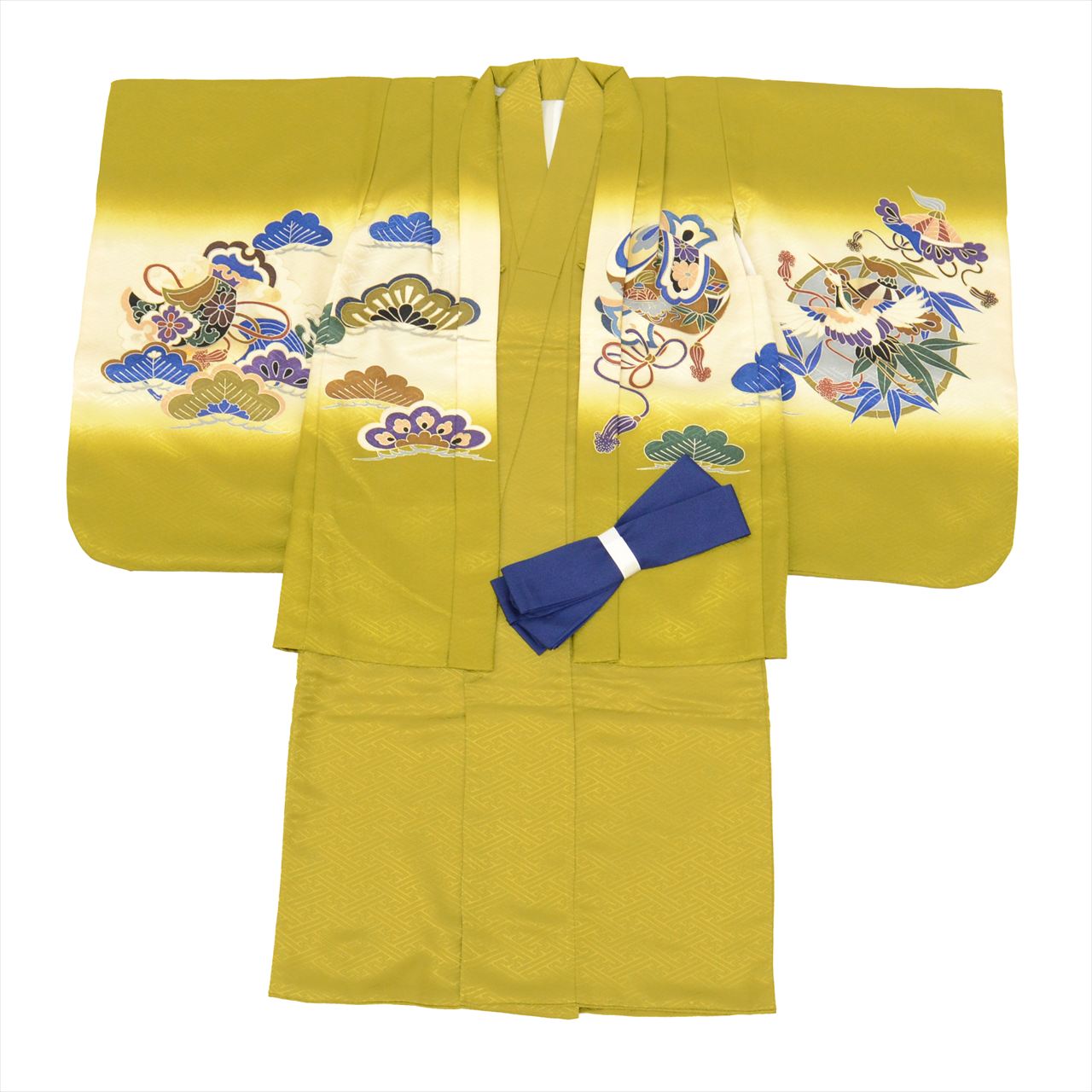 [Used] Boys' Shichi-Go-San (7-5-3) Ceremony Set (5 years old) - 2-piece set: Synthetic fiber kimono and haori jacket. Ready-made. Length: 89cm, Sleeve length: 44.5cm. Green color with hawk pattern and gold accents. Traditional Japanese style. uu0189b 