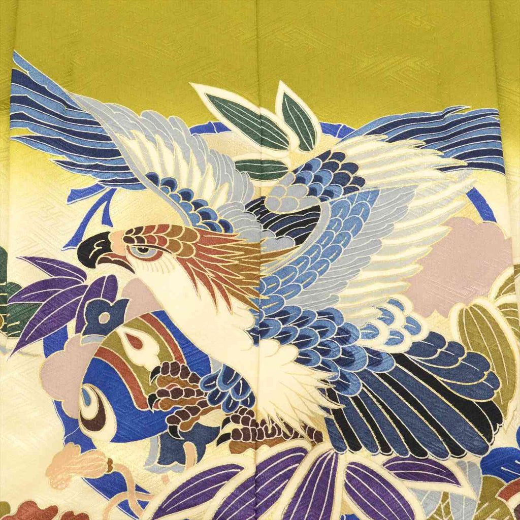 [Used] Boys' Shichi-Go-San (7-5-3) Ceremony Set (5 years old) - 2-piece set: Synthetic fiber kimono and haori jacket. Ready-made. Length: 89cm, Sleeve length: 44.5cm. Green color with hawk pattern and gold accents. Traditional Japanese style. uu0189b 