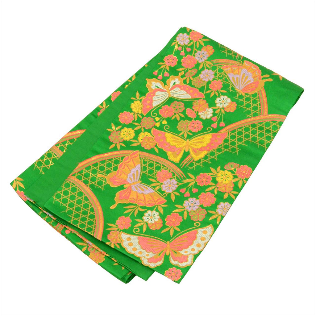 Vintage Japanese Obi | Girl's Shichi-go-san Obi | Green Synthetic | Butterfly Pattern | Gold Thread | Age 7 | Sustainable | uu0190b