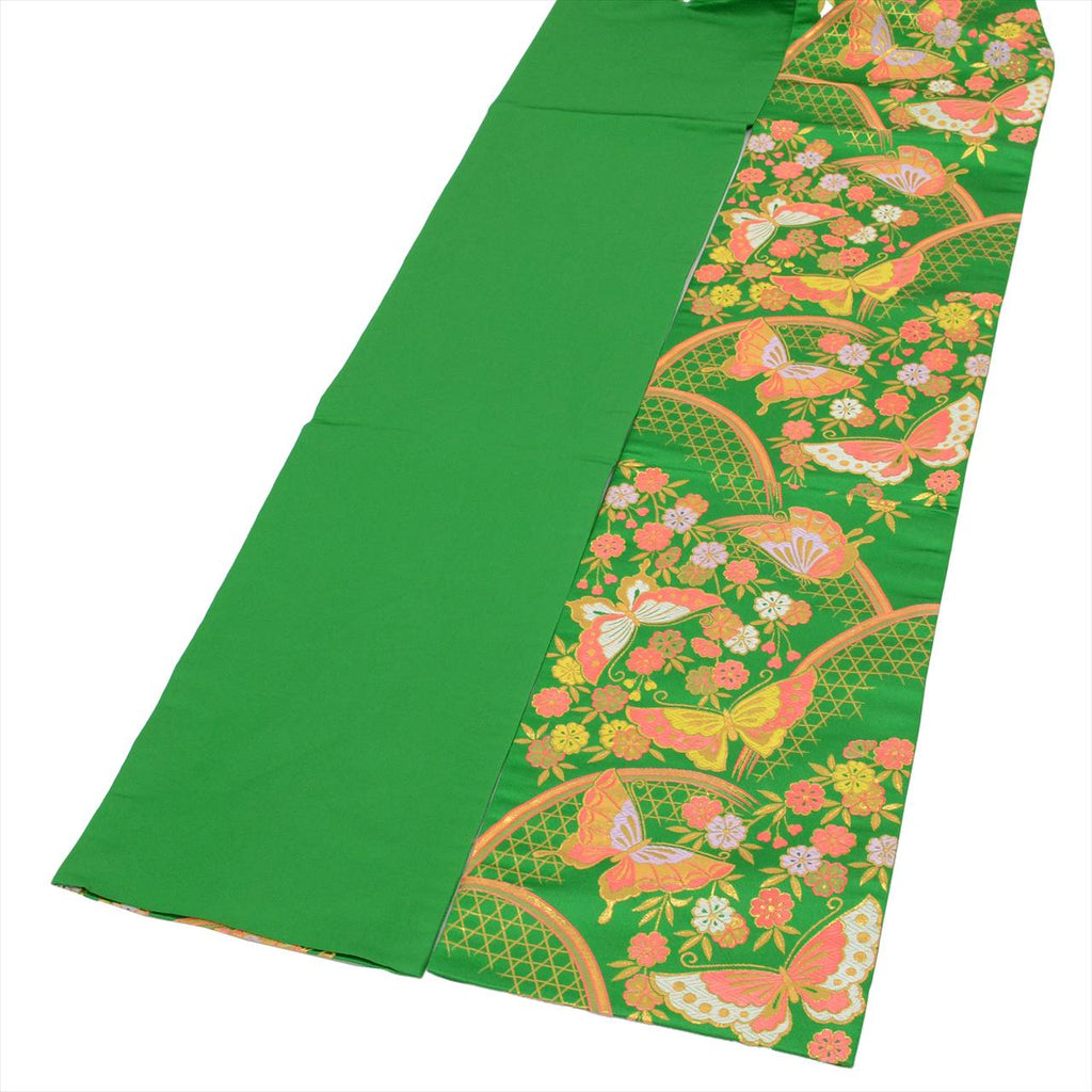 Vintage Japanese Obi | Girl's Shichi-go-san Obi | Green Synthetic | Butterfly Pattern | Gold Thread | Age 7 | Sustainable | uu0190b