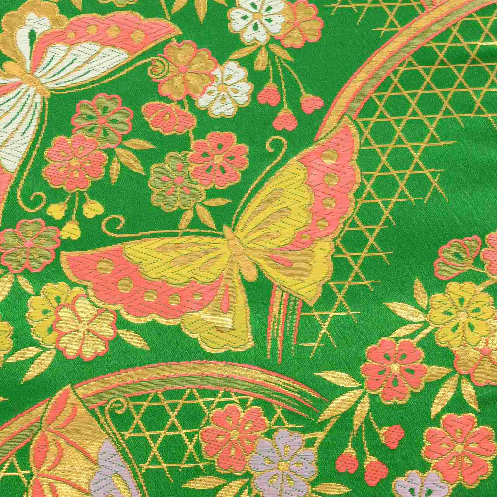 Vintage Japanese Obi | Girl's Shichi-go-san Obi | Green Synthetic | Butterfly Pattern | Gold Thread | Age 7 | Sustainable | uu0190b