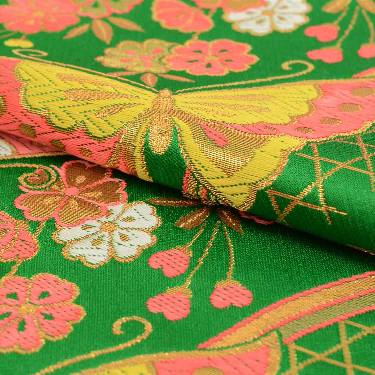 Vintage Japanese Obi | Girl's Shichi-go-san Obi | Green Synthetic | Butterfly Pattern | Gold Thread | Age 7 | Sustainable | uu0190b