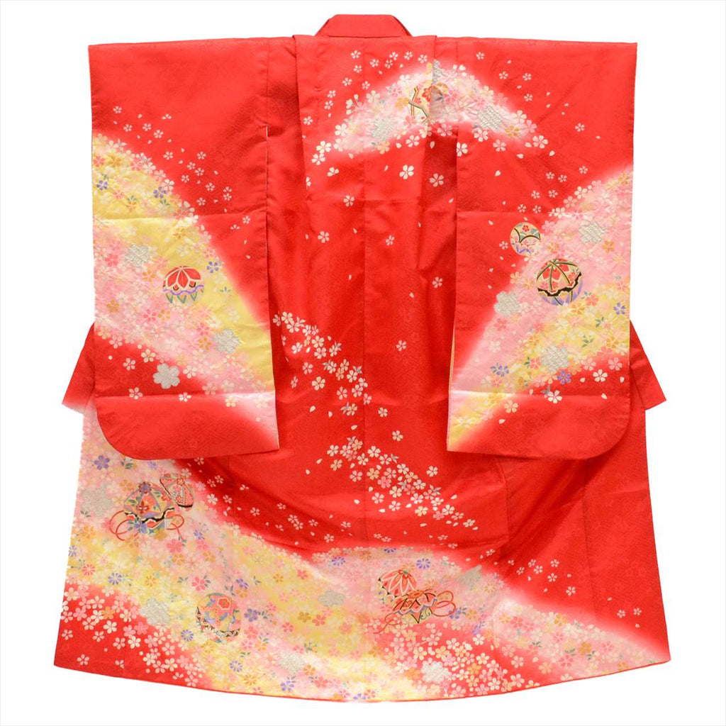 [Used] Girl's 7-year-old Shichi-Go-San Kimono, Synthetic Fiber, with Layered Collar, Excellent Condition, Ready-made, Length 129.8cm (51.1in), Sleeve Length 50.0cm (19.7in), Red with Ball Pattern, Celebration Wear, Japanese Pattern uu0197b 