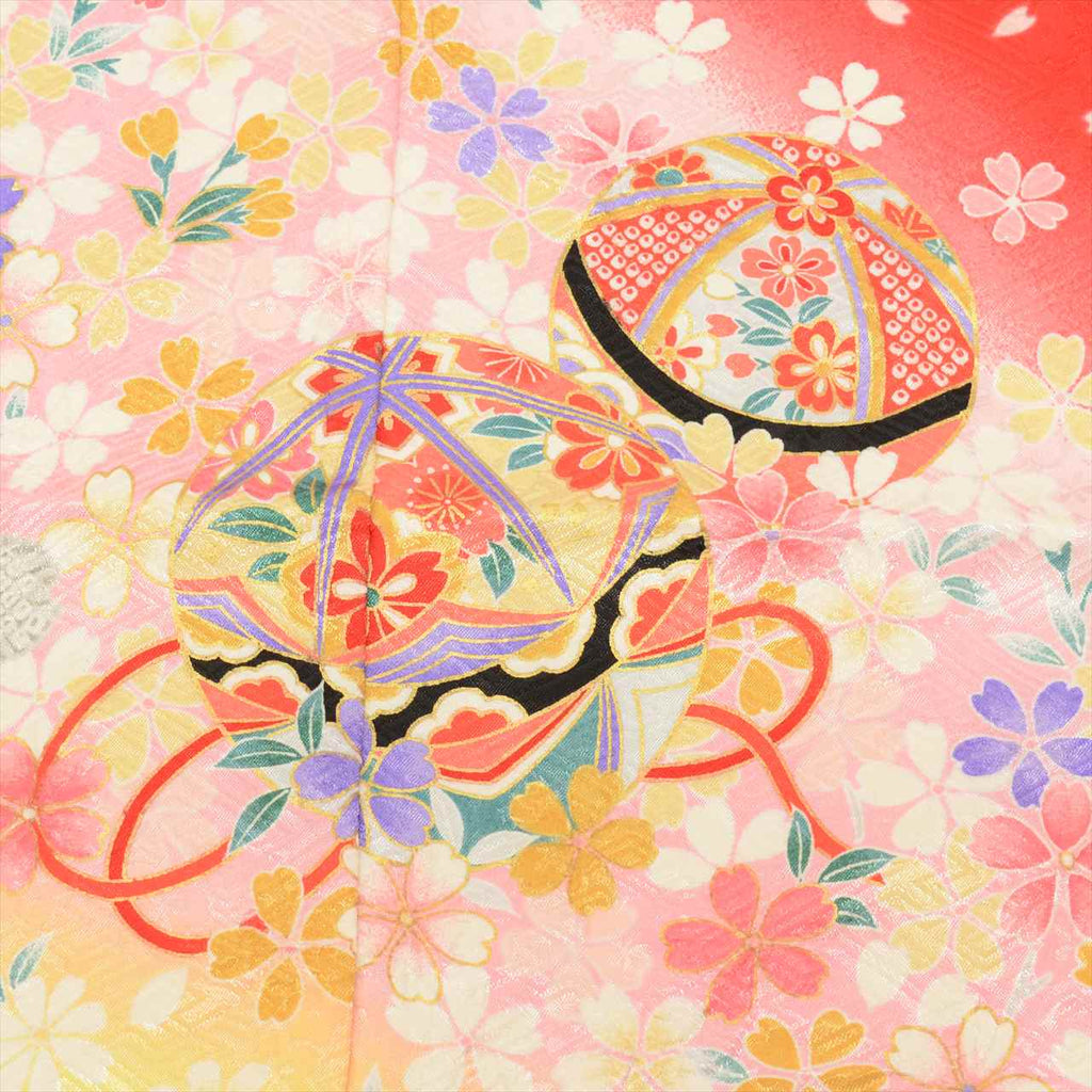 [Used] Girl's 7-year-old Shichi-Go-San Kimono, Synthetic Fiber, with Layered Collar, Excellent Condition, Ready-made, Length 129.8cm (51.1in), Sleeve Length 50.0cm (19.7in), Red with Ball Pattern, Celebration Wear, Japanese Pattern uu0197b 