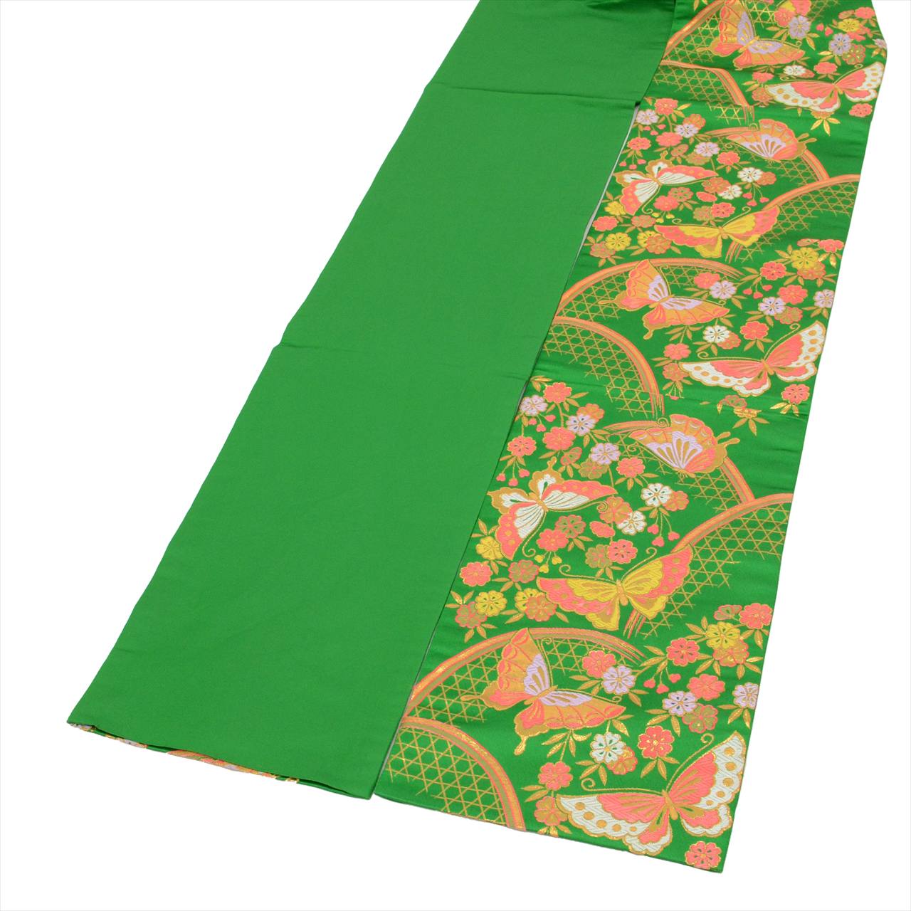 Vintage Japanese Obi | Girl's Shichi-go-san Obi | Green Synthetic | Butterfly Pattern | Gold Thread | Age 7 | Sustainable | uu0198b