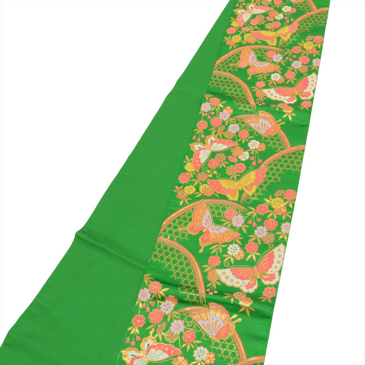 Vintage Japanese Obi | Girl's Shichi-go-san Obi | Green Synthetic | Butterfly Pattern | Gold Thread | Age 7 | Sustainable | uu0198b