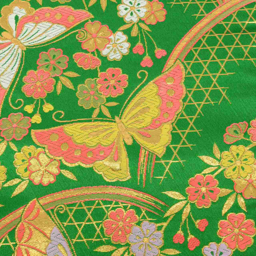 Vintage Japanese Obi | Girl's Shichi-go-san Obi | Green Synthetic | Butterfly Pattern | Gold Thread | Age 7 | Sustainable | uu0198b