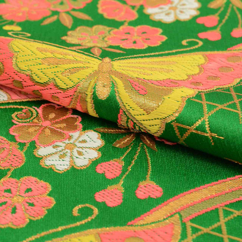 Vintage Japanese Obi | Girl's Shichi-go-san Obi | Green Synthetic | Butterfly Pattern | Gold Thread | Age 7 | Sustainable | uu0198b