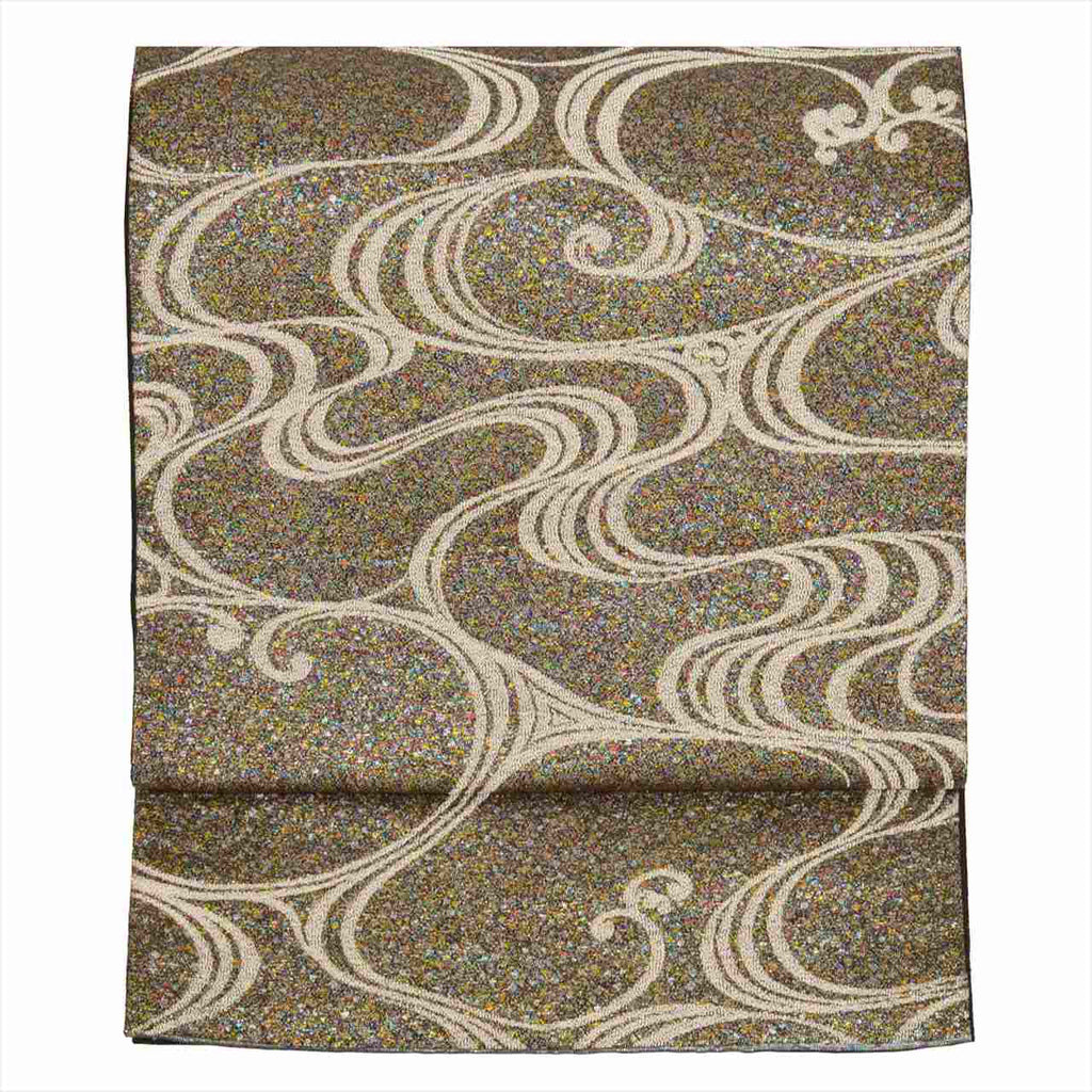 Vintage Japanese Obi | Fukuro Obi | Gray Silk | Stream Pattern | Silver Thread | Sustainable | uu0201b