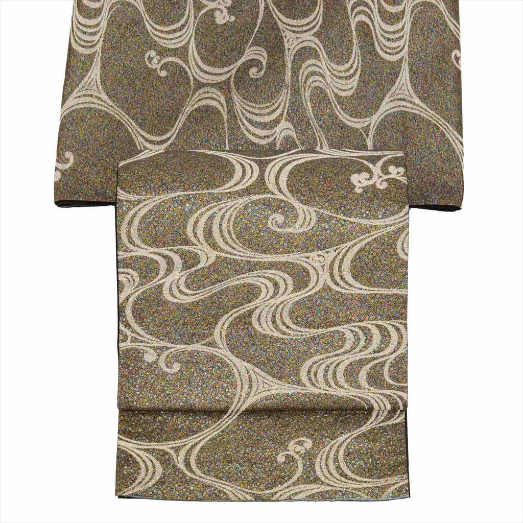 Vintage Japanese Obi | Fukuro Obi | Gray Silk | Stream Pattern | Silver Thread | Sustainable | uu0201b