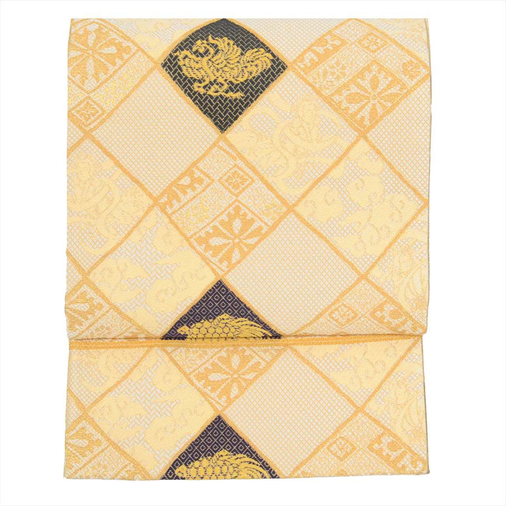 Vintage Japanese Obi | Fukuro Obi | Beige Gold Silk | Auspicious Pattern | Full-length | Excellent | Sustainable | uu0207b