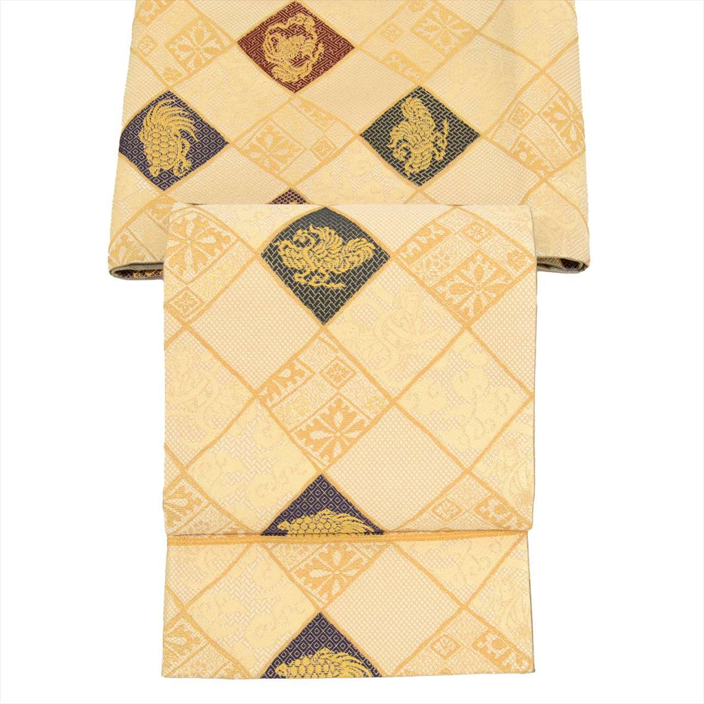 Vintage Japanese Obi | Fukuro Obi | Beige Gold Silk | Auspicious Pattern | Full-length | Excellent | Sustainable | uu0207b