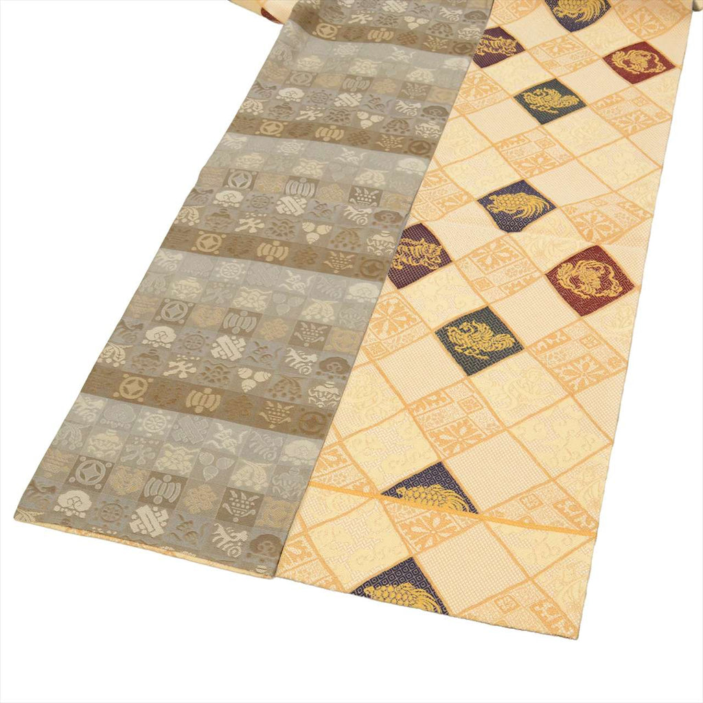 Vintage Japanese Obi | Fukuro Obi | Beige Gold Silk | Auspicious Pattern | Full-length | Excellent | Sustainable | uu0207b
