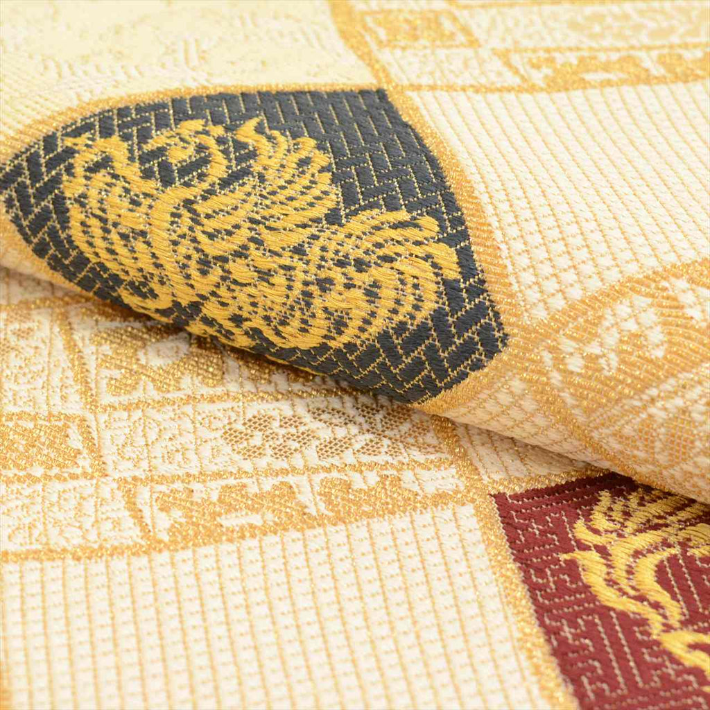 Vintage Japanese Obi | Fukuro Obi | Beige Gold Silk | Auspicious Pattern | Full-length | Excellent | Sustainable | uu0207b
